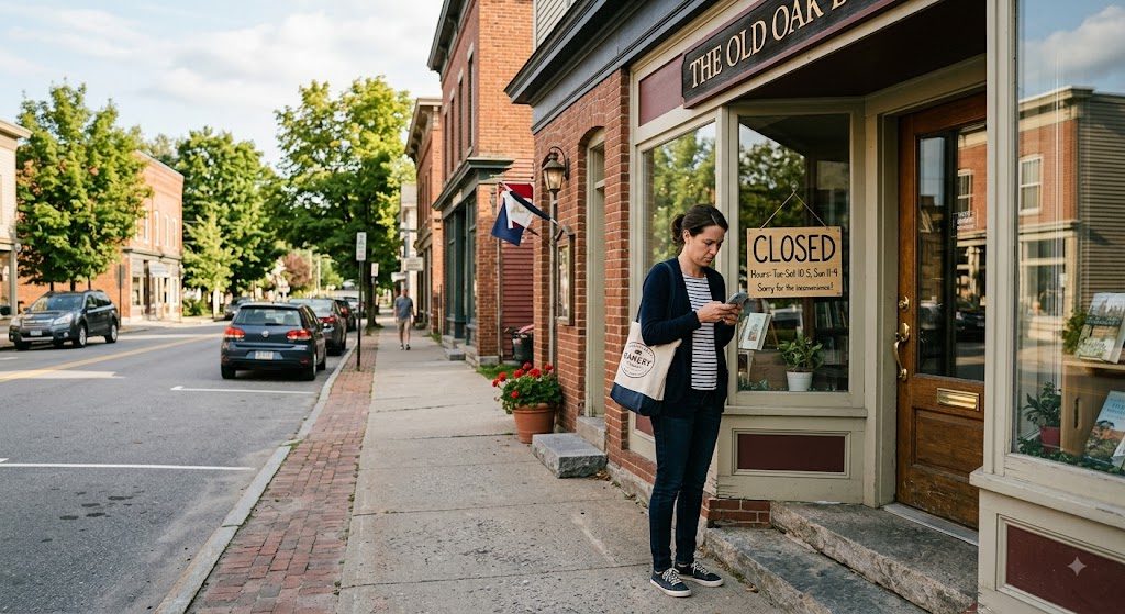 Customer standing outside a small-town shop reading a closed sign after finding the wrong hours online